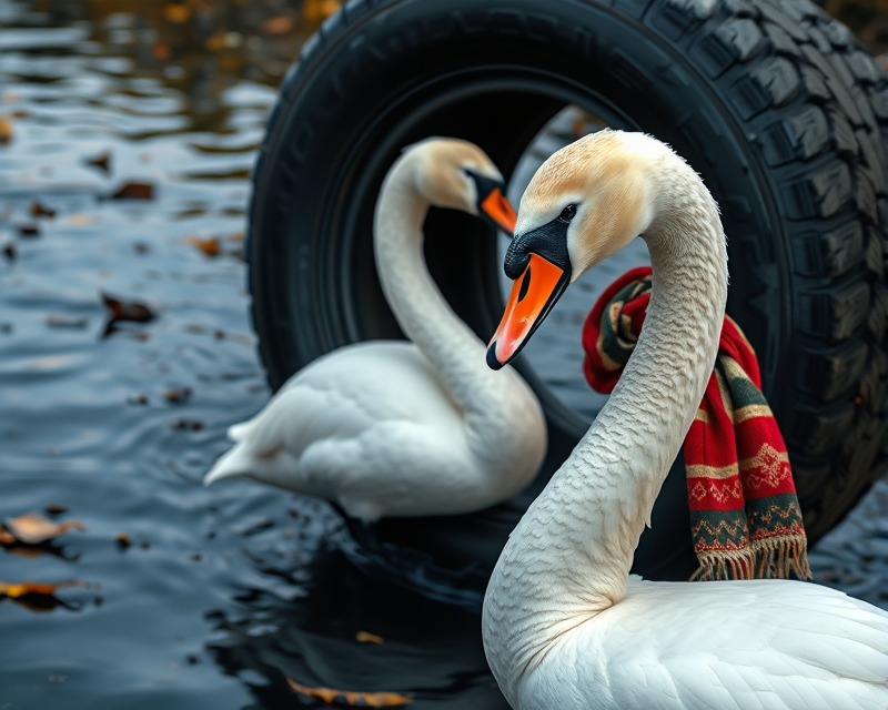 tire, scarf, swan