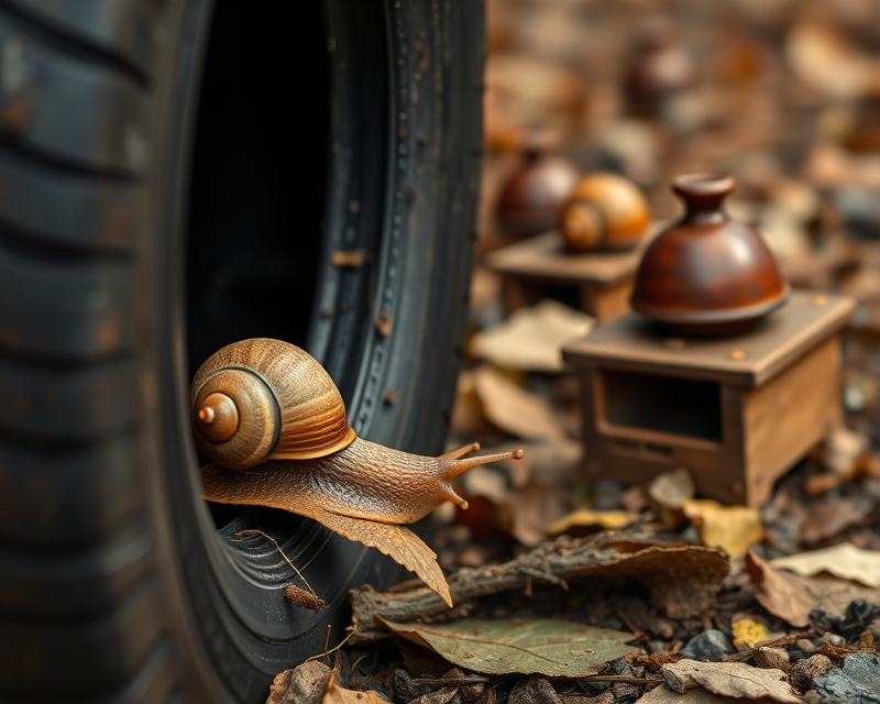 tire, snail, acorn, brown, desk