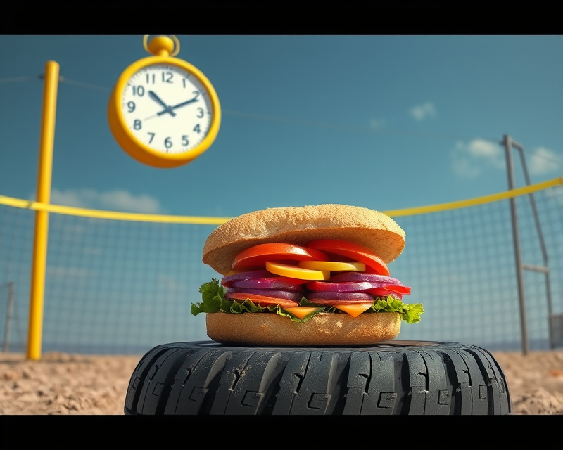 tire, yellow, clock, volleyball, sandwich