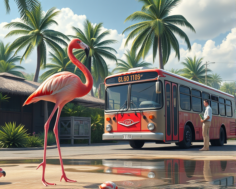 toad, bus, flamingo