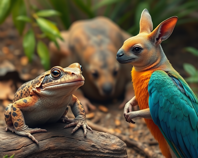 toad, parrot, kangaroo