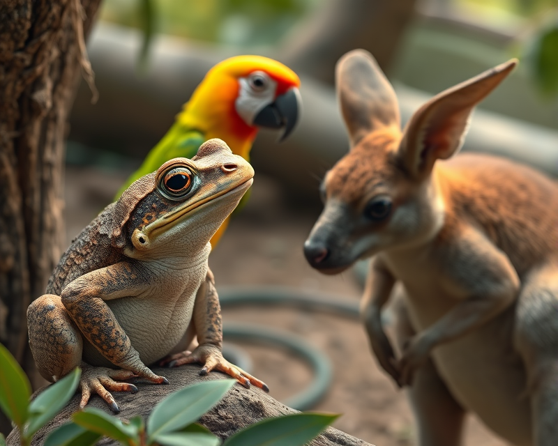 toad, parrot, kangaroo