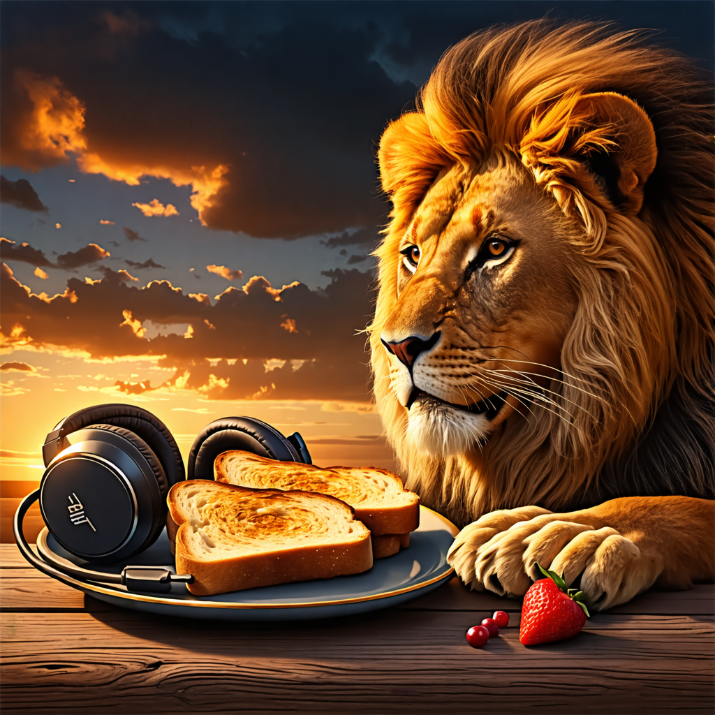 toast, lion, headphones