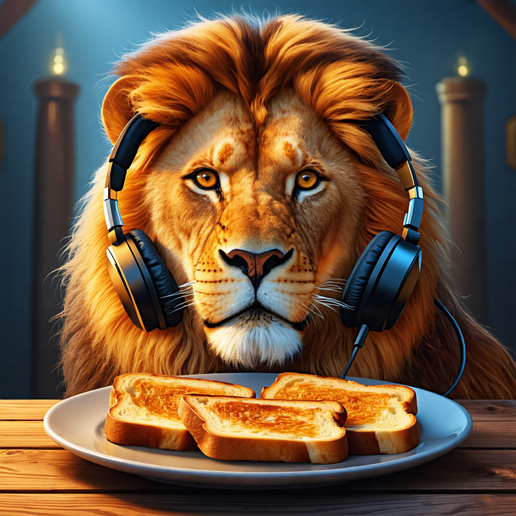 toast, lion, headphones