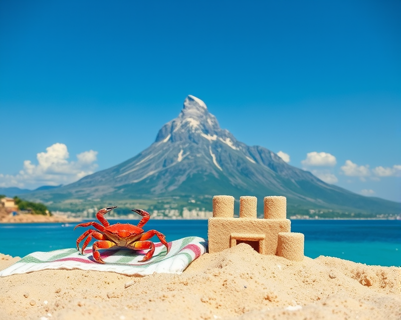 towel, mountain, crab, marshmallow, sandcastle