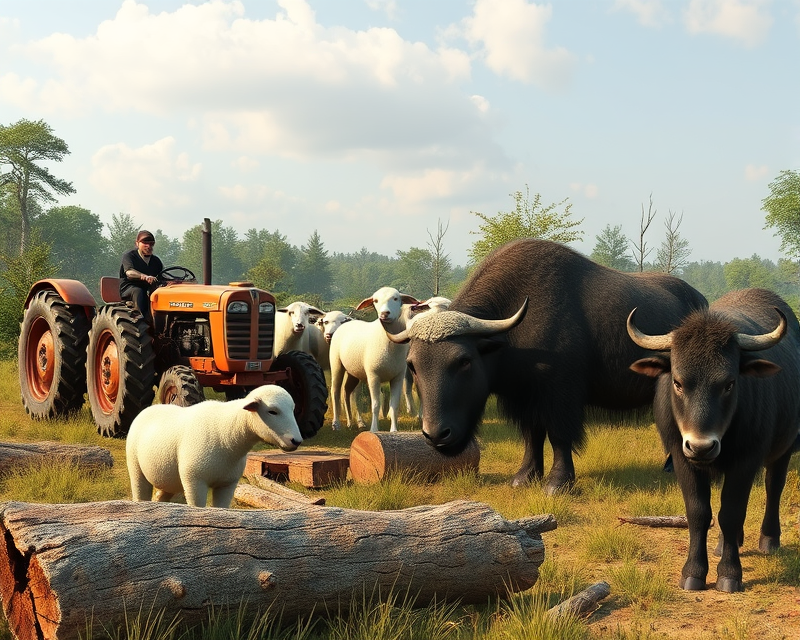 tractor, gorilla, sheep, log, buffalo, donkey