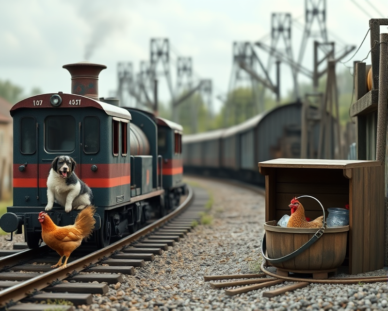 train, dog, chicken, bucket, box