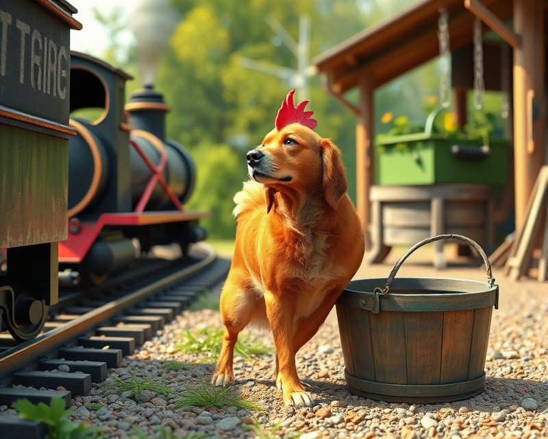 train, dog, chicken, bucket, box