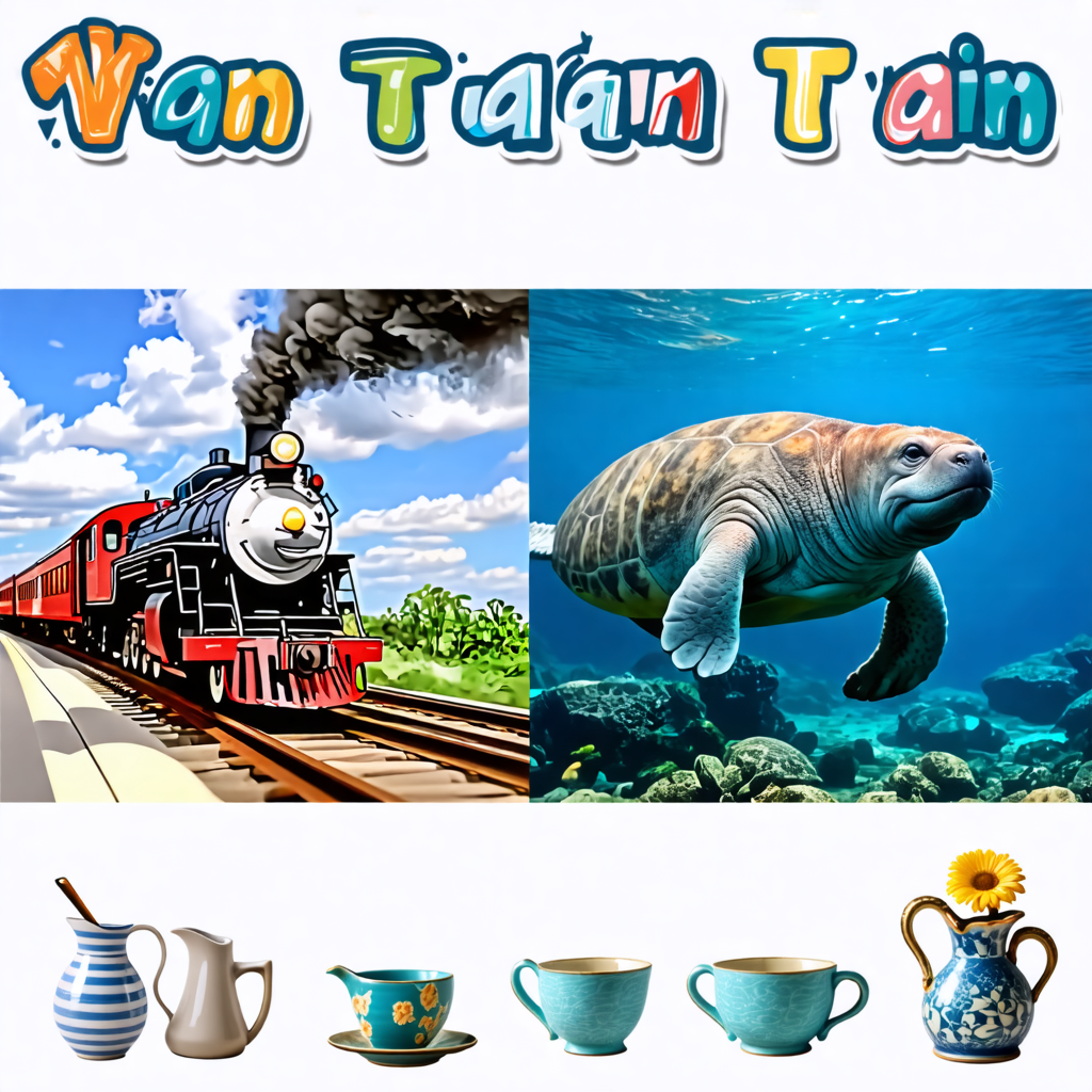 train, fork, tortoise, vase, manatee