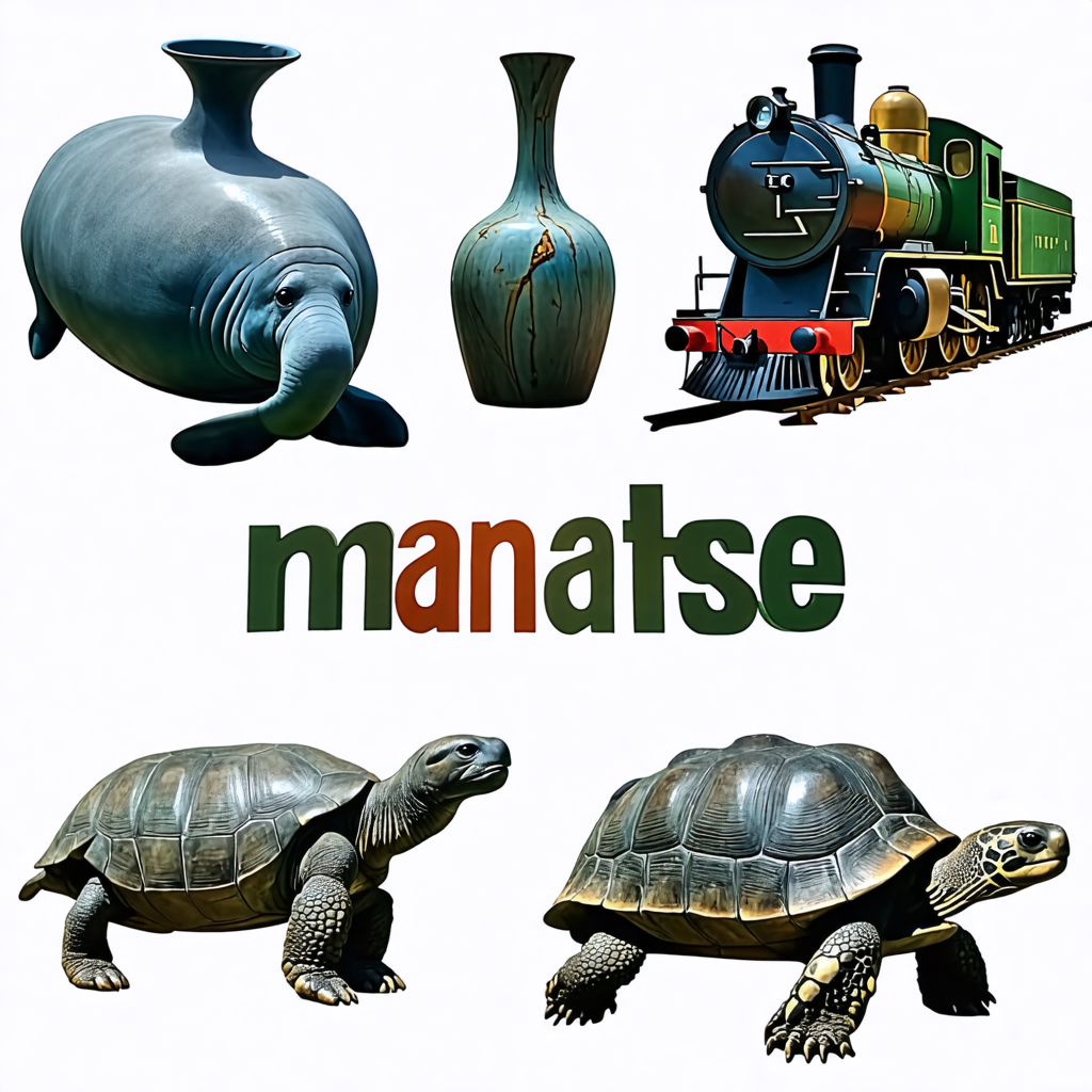 train, vase, manatee, tortoise, fork