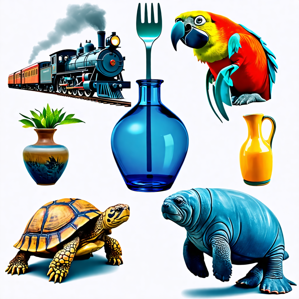 train, vase, manatee, tortoise, fork