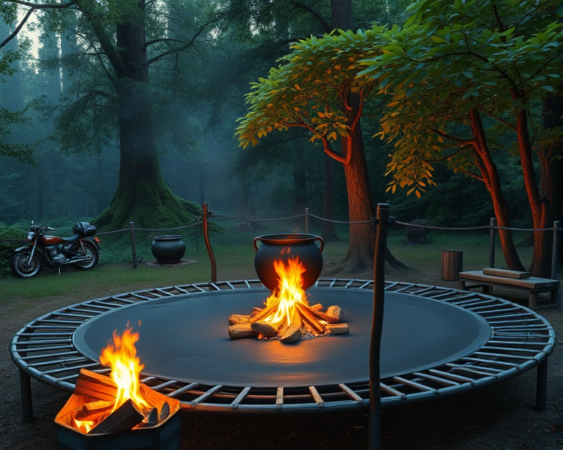 trampoline, cauldron, campfire, motorcycle