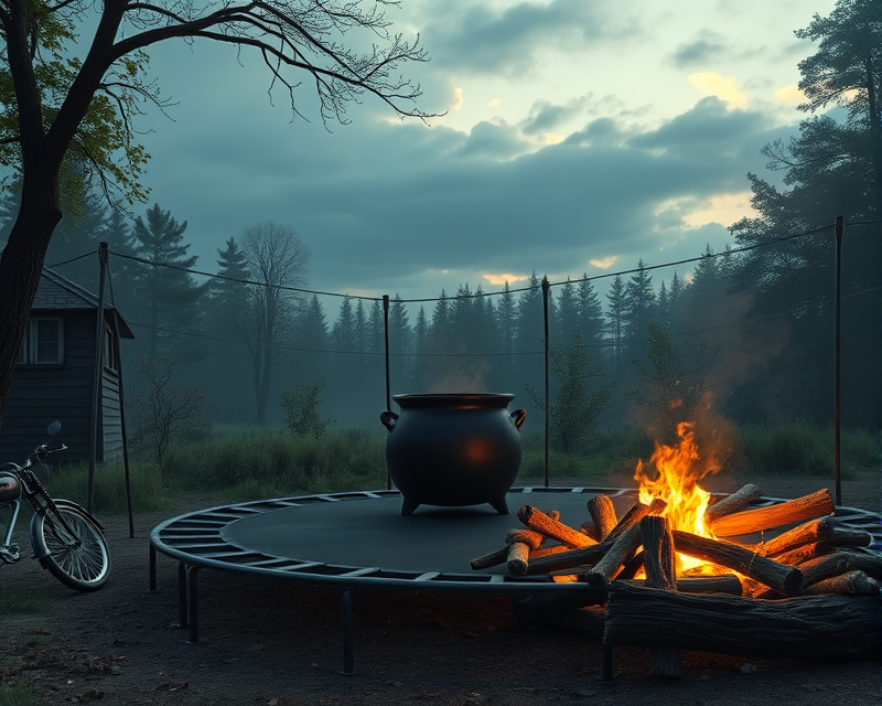 trampoline, cauldron, campfire, motorcycle