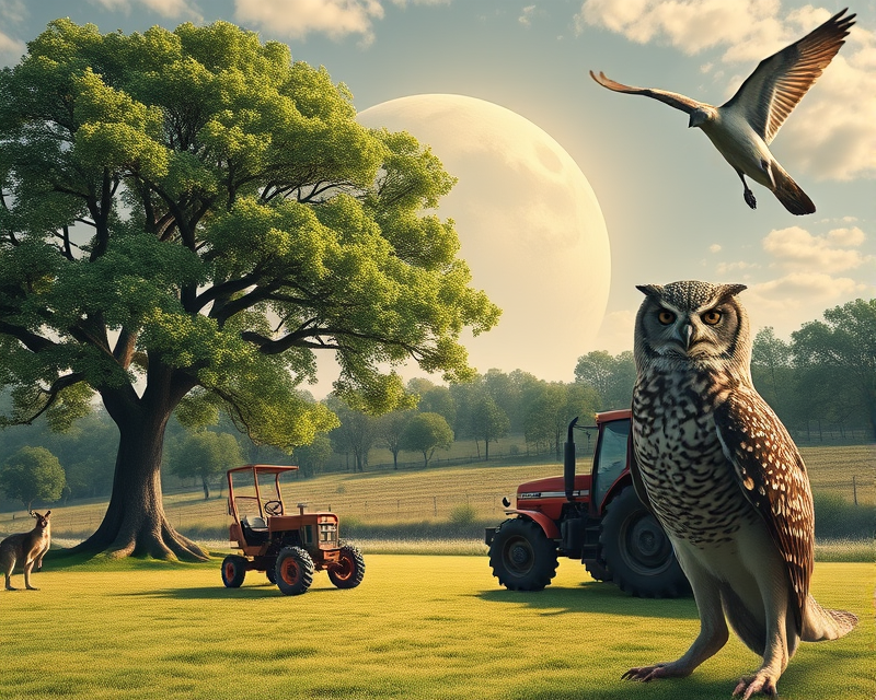 tree, circle, tractor, kangaroo, owl