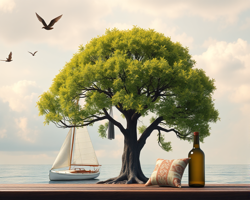 tree, sailboat, bat, pillow, bottle