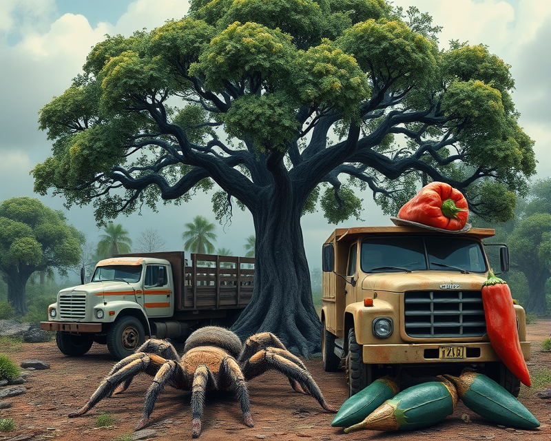 tree, tarantula, truck, pepperoni, hat