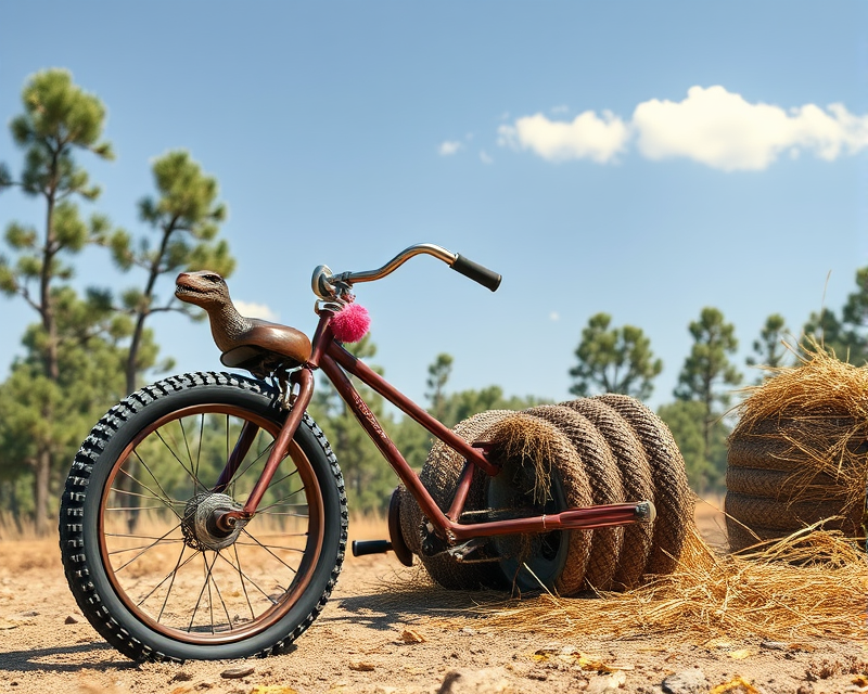 tricycle, dinosaur, hay, tire, necklace, pink