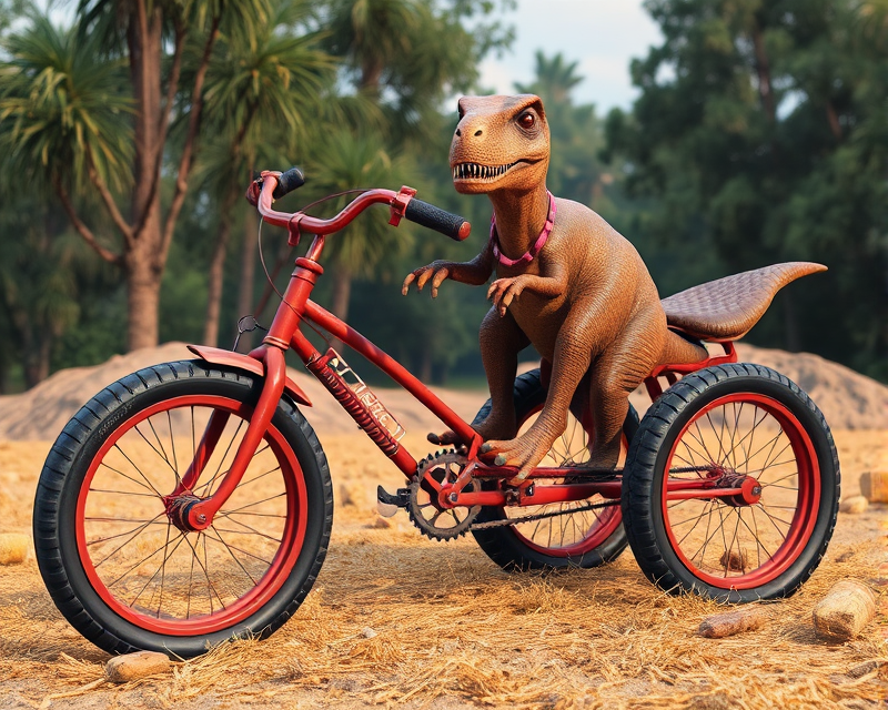 tricycle, dinosaur, hay, tire, necklace, pink