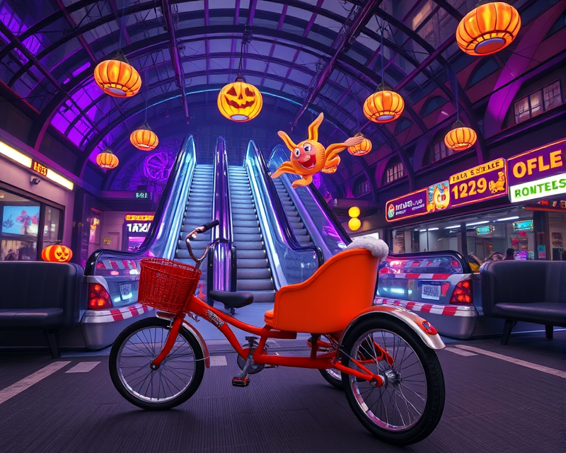 tricycle, halloween, escalator, taxi, ring