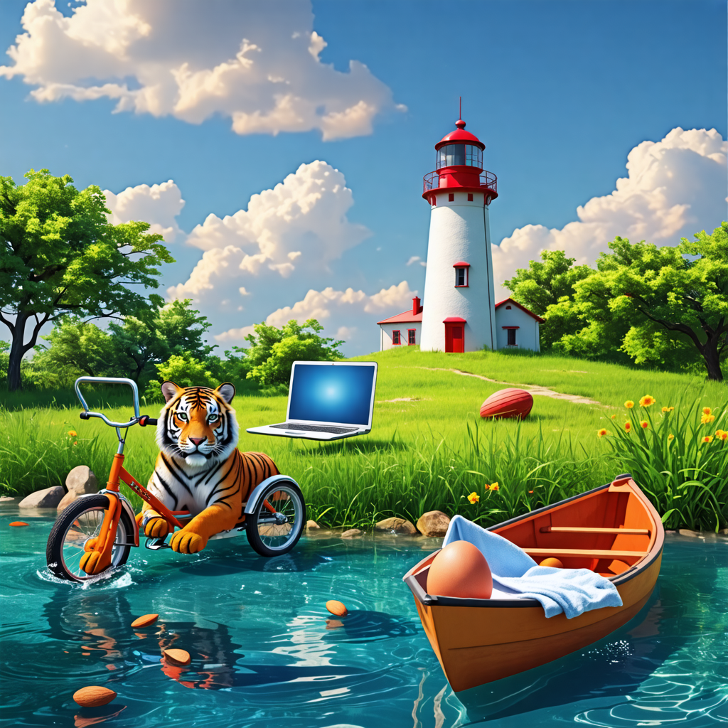 tricycle, lighthouse, grass, tiger, towel, almond, laptop, canoe, egg