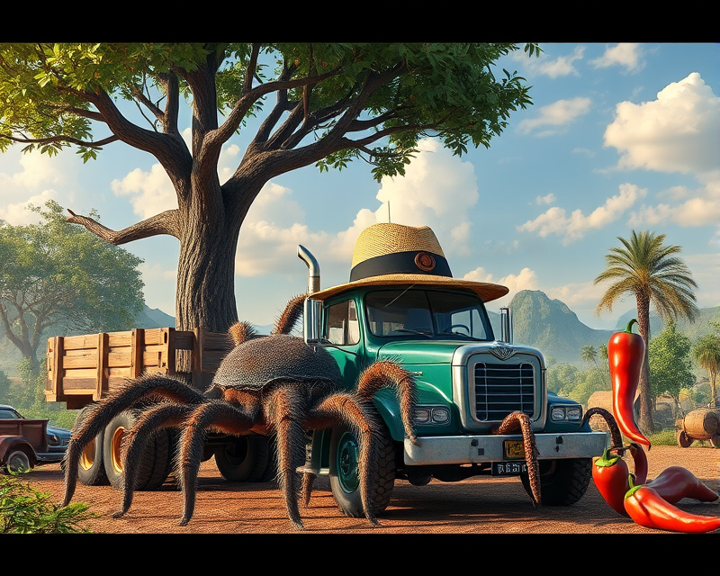 truck, tarantula, hat, tree, pepperoni