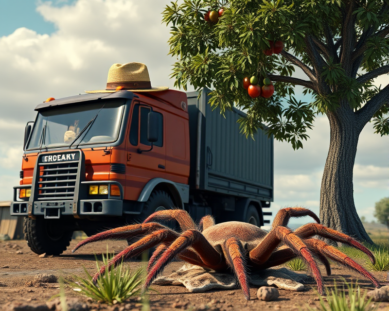 truck, tarantula, pepperoni, hat, tree