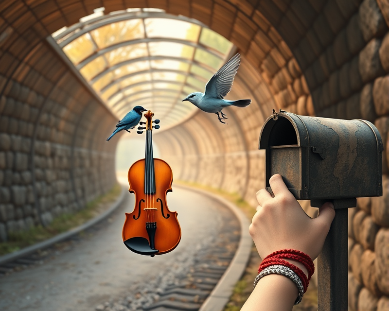 tunnel, bird, violin, mailbox, bracelet