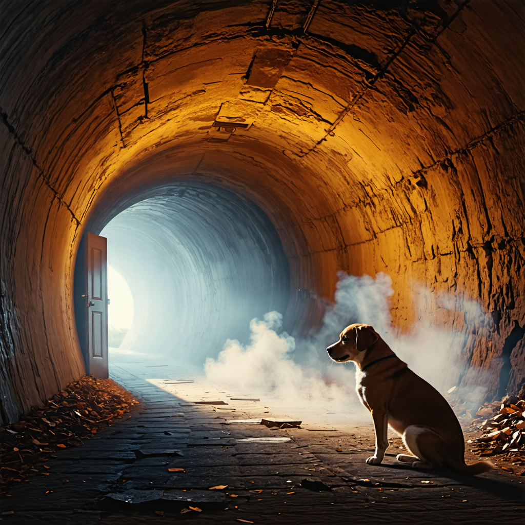 tunnel, puppy, door, smoke