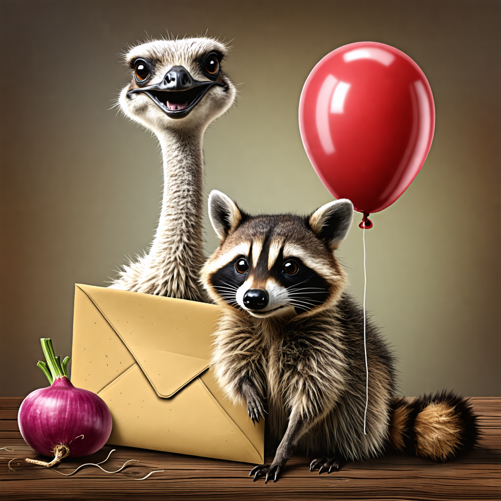 turnip, ostrich, envelope, raccoon, balloon