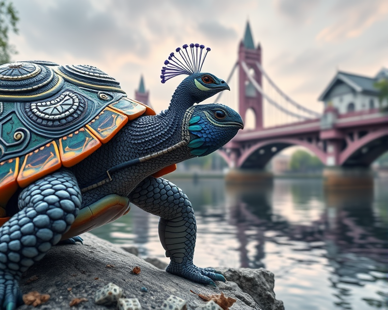 turtle, peacock, purple, robot, bridge