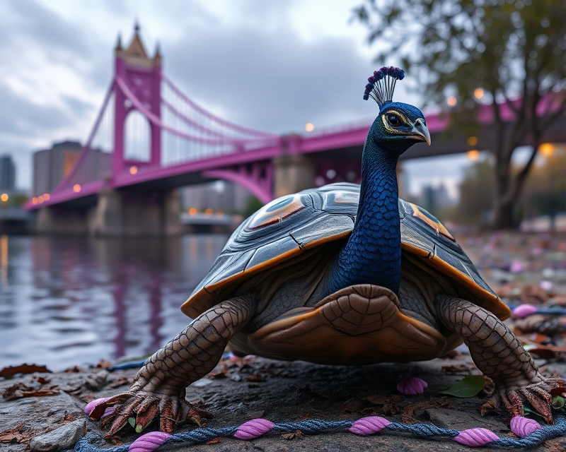 turtle, robot, bridge, peacock, purple