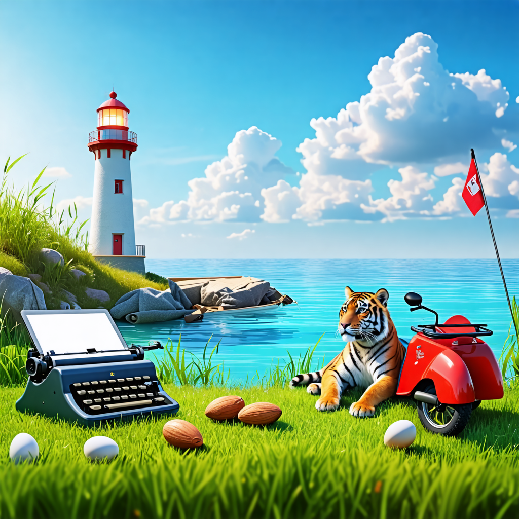 typewriter, grass, canoe, egg, laptop, tiger, tricycle, almond, towel, lighthouse