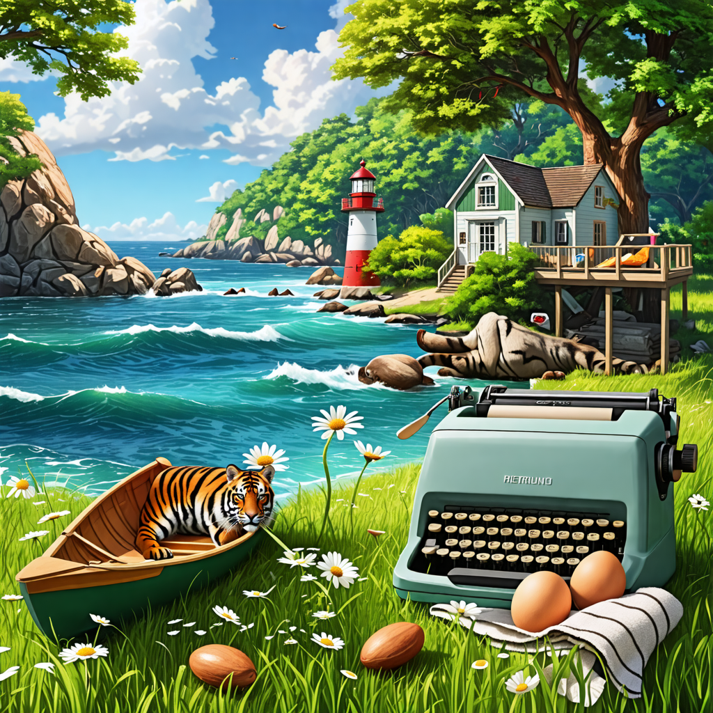 typewriter, grass, canoe, egg, laptop, tiger, tricycle, almond, towel, lighthouse