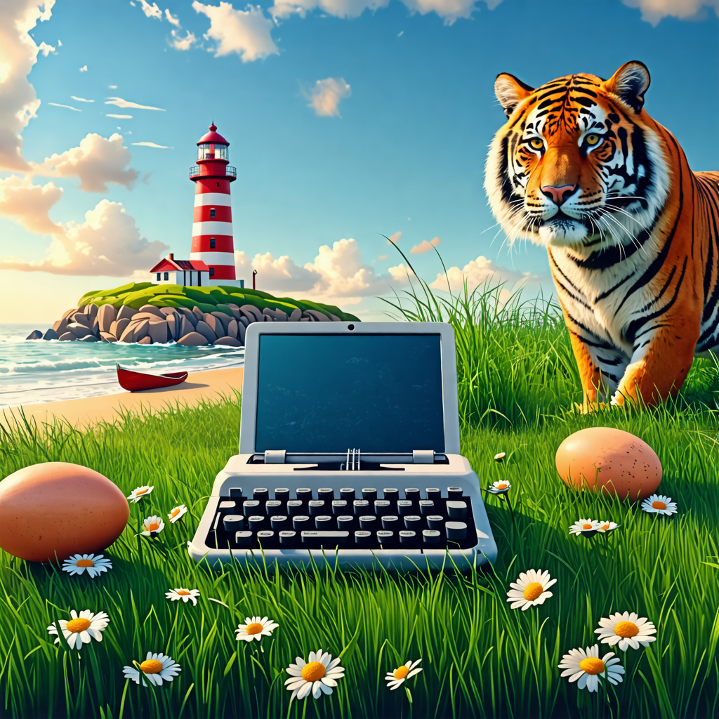 typewriter, grass, canoe, egg, laptop, tiger, tricycle, almond, towel, lighthouse