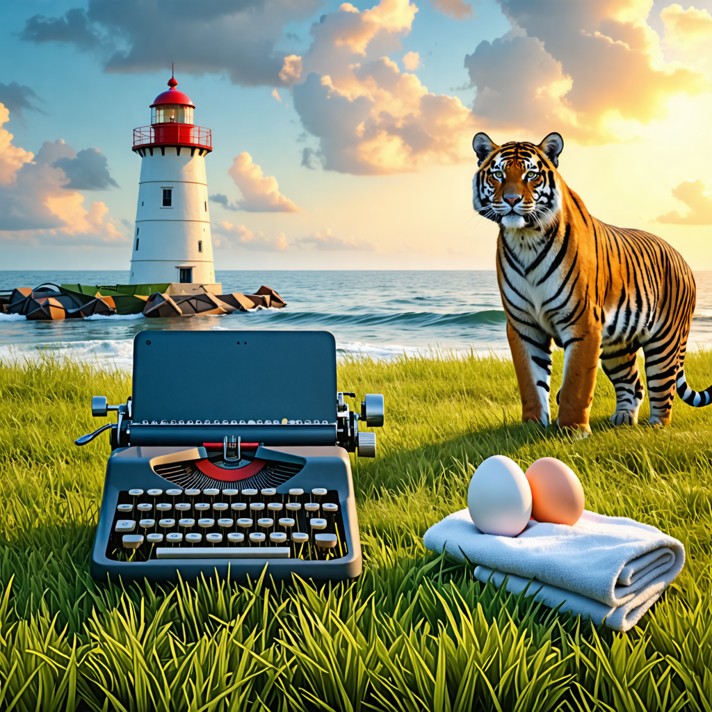 typewriter, grass, canoe, egg, laptop, tiger, tricycle, almond, towel, lighthouse