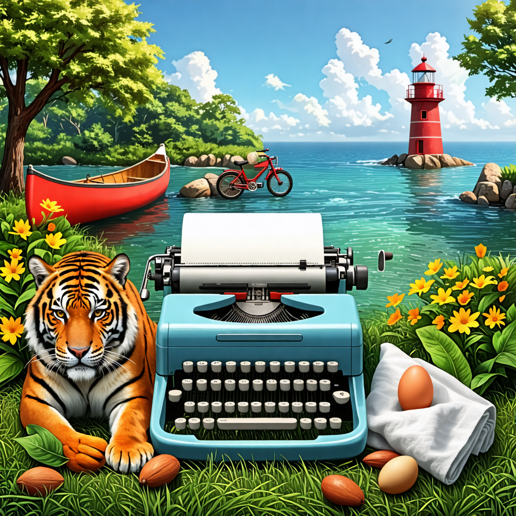 typewriter, grass, canoe, egg, laptop, tiger, tricycle, almond, towel, lighthouse