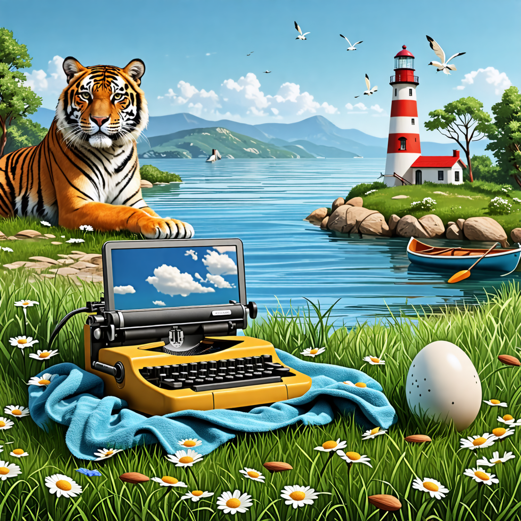 typewriter, grass, canoe, egg, laptop, tiger, tricycle, almond, towel, lighthouse