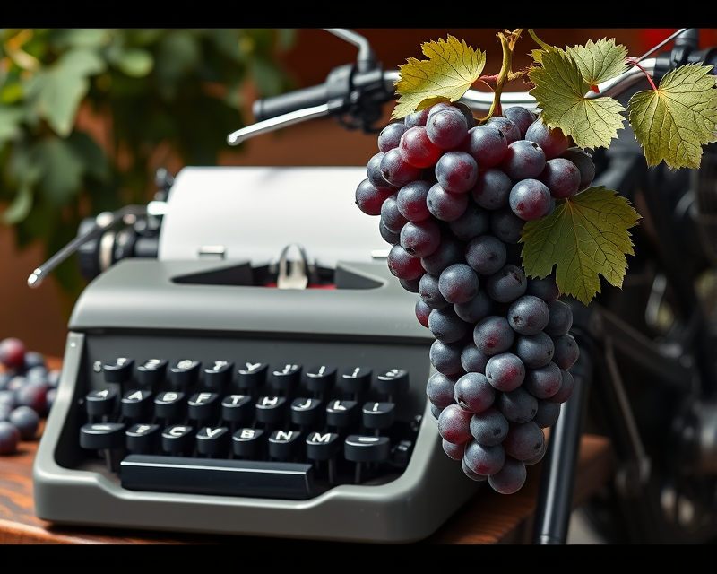 typewriter, motorcycle, fork, grape