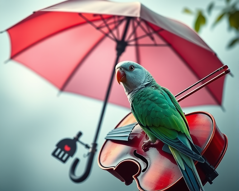 umbrella, violin, parakeet