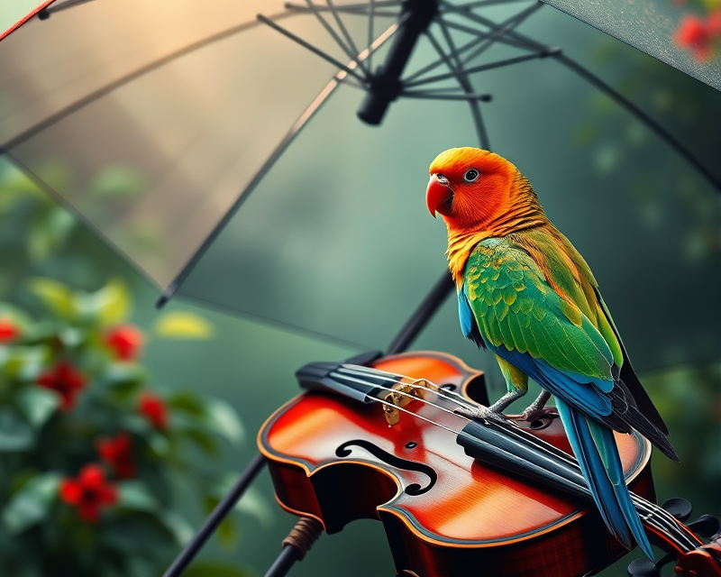 umbrella, violin, parakeet