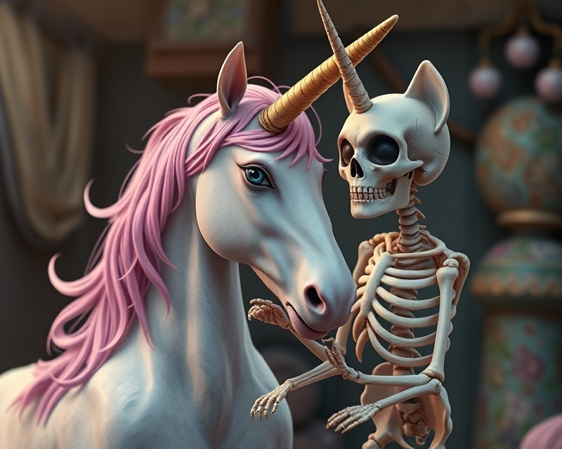 unicorn, kitten, skeleton