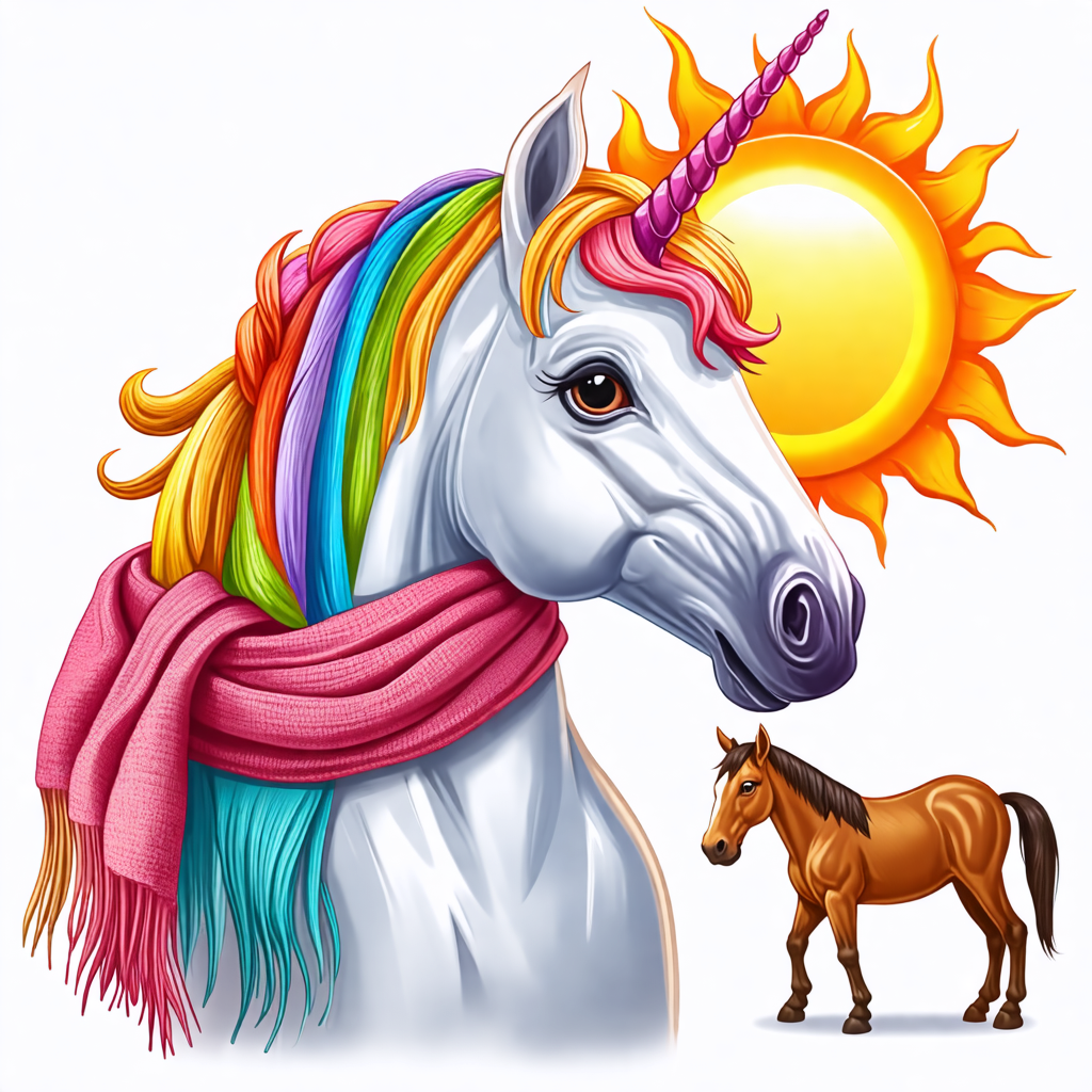 unicorn, scarf, sun, crayon, mule