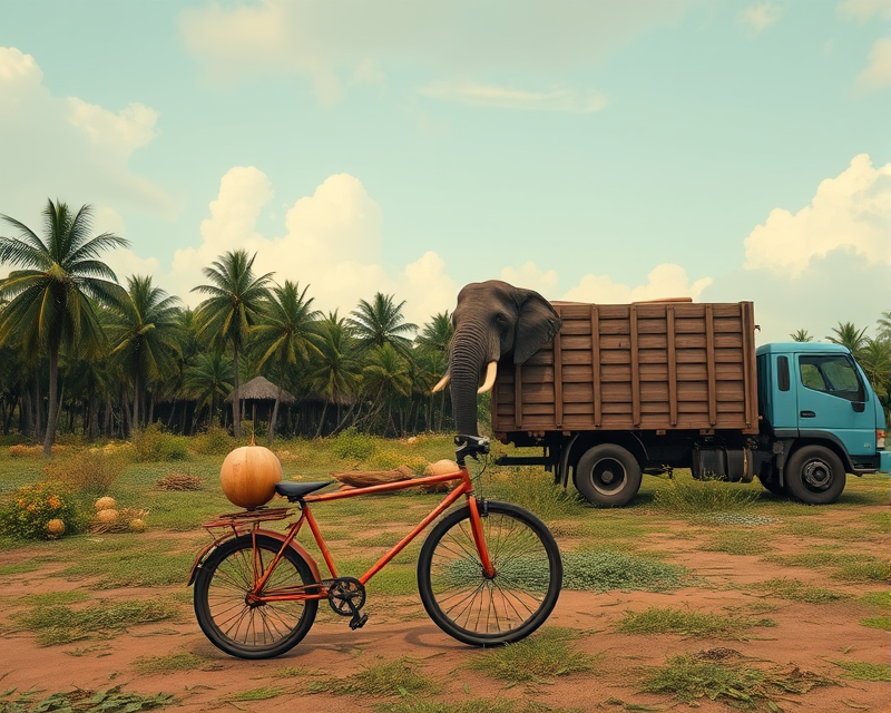 unicycle, chair, truck, coconut, elephant