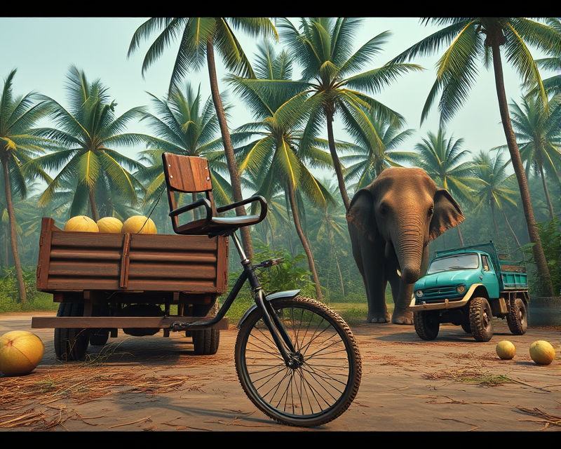 unicycle, chair, truck, coconut, elephant