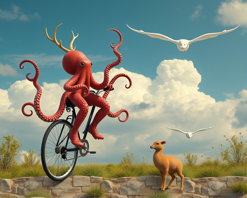 unicycle, octopus, deer, duckling, cloud