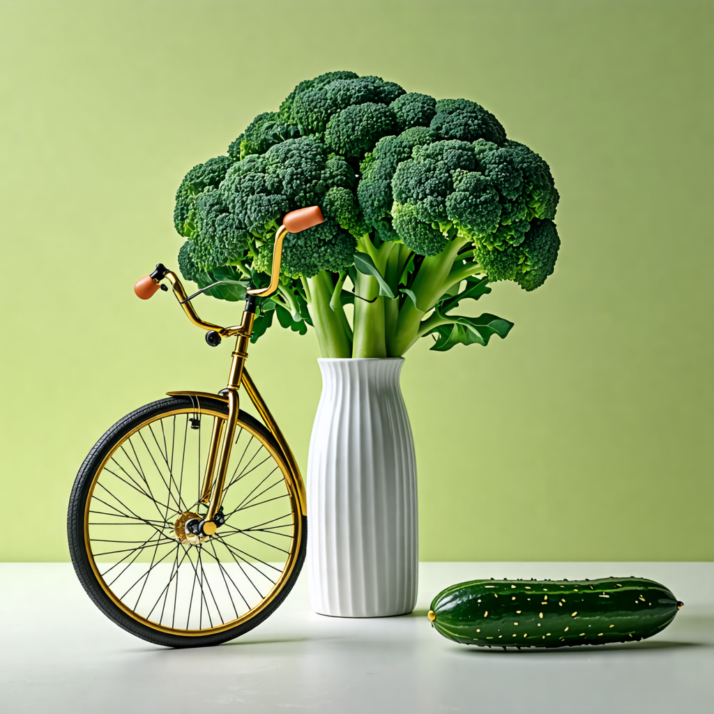 unicycle, vase, bed, broccoli, pistachio, laptop, tennis, pail, olive, cucumber