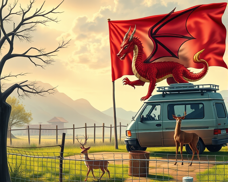 van, dragon, flag, deer, fence