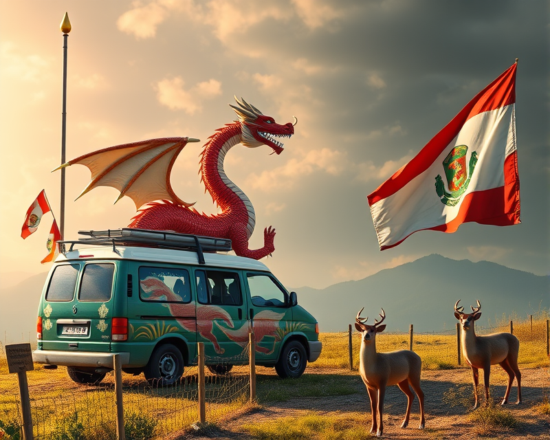 van, dragon, flag, deer, fence