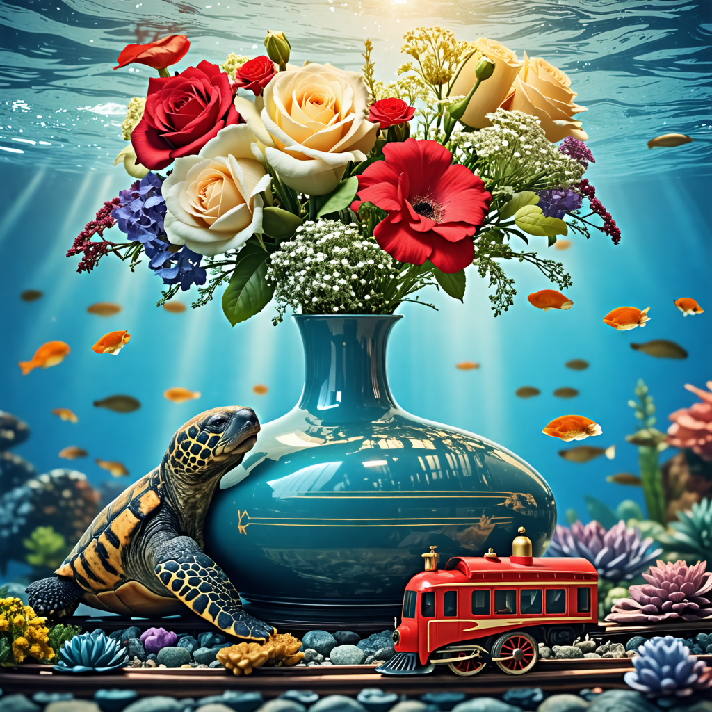 vase, manatee, tortoise, fork, train