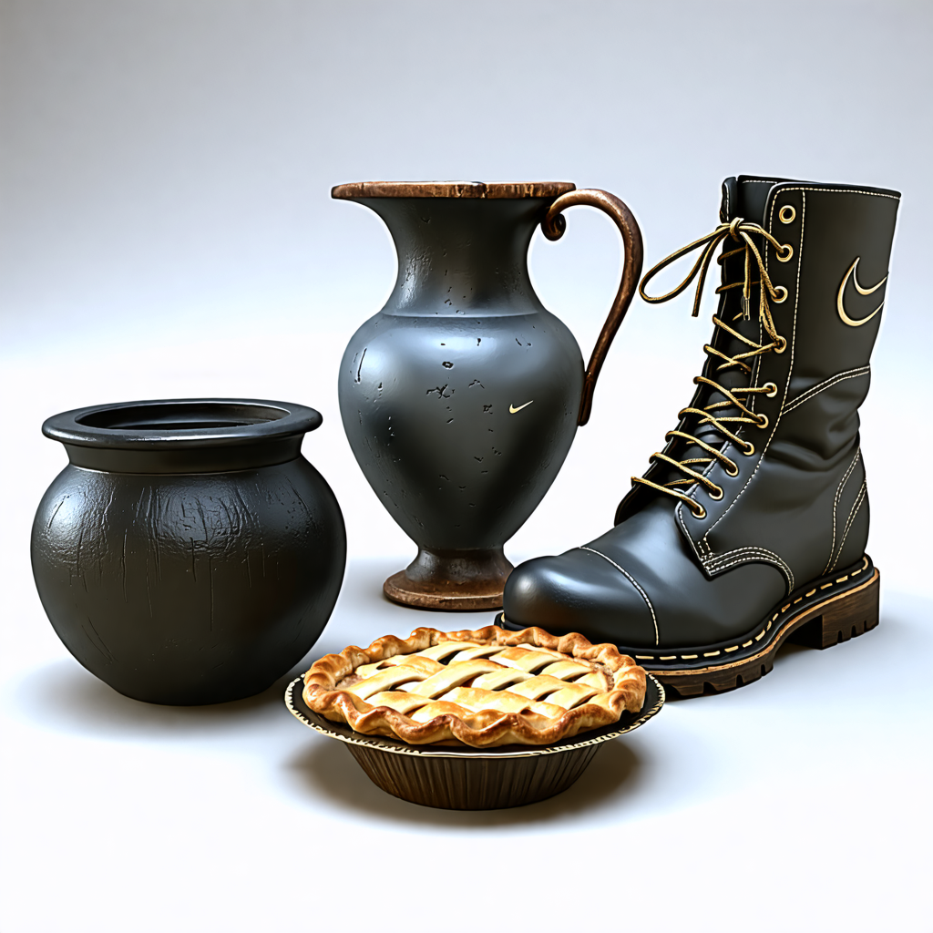 vase, nike, cauldron, boot, pie